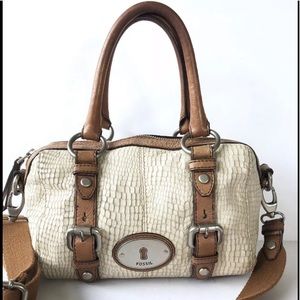 Fossil Maddox Croc Embossed Satchel Cream